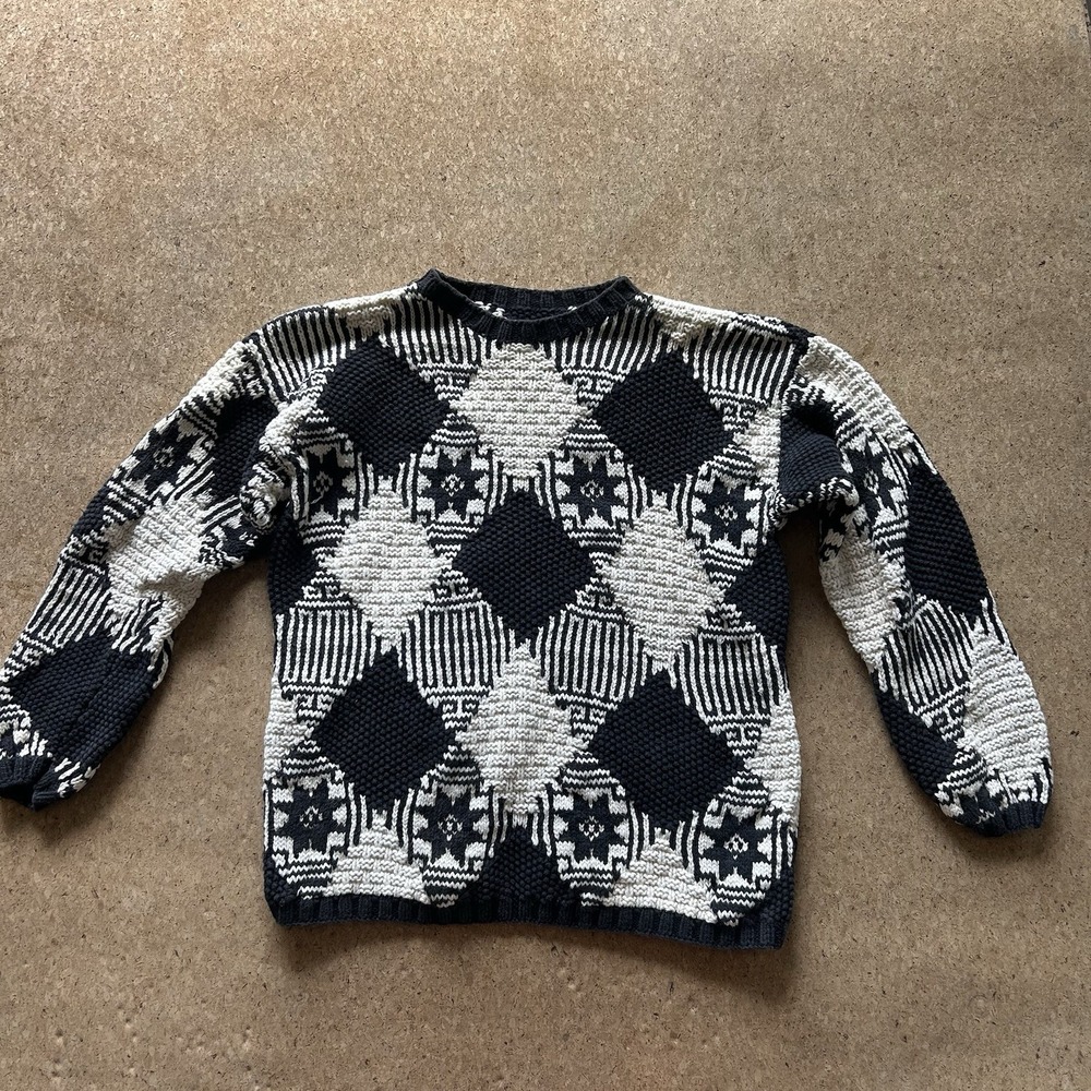 Vintage 70s Crochet Granny Square Sweater  Black  White Boho Cottage Handmade L